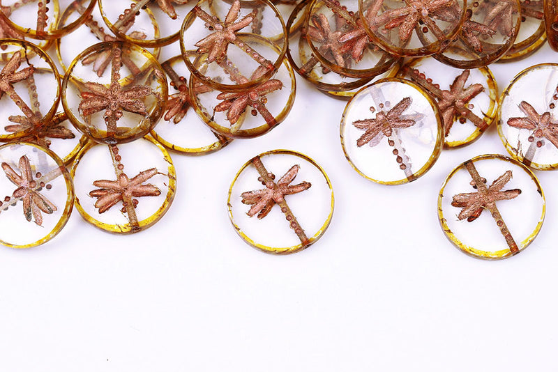 Dragonfly Coin 17mm Crystal Travertin With Copper 1-Hole Czech Beads