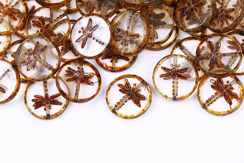 Dragonfly Coin 17mm Crystal Travertin 1-Hole Czech Beads