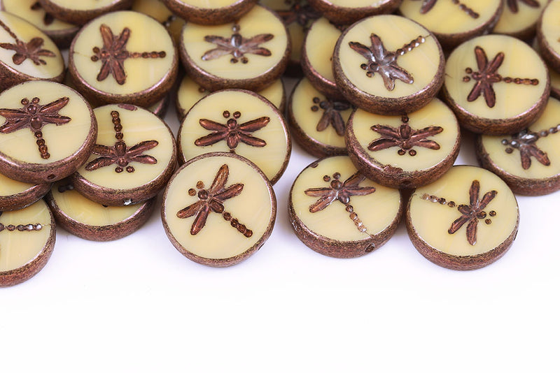 Dragonfly Coin 17mm Vega On Ivory 1-Hole Czech Beads