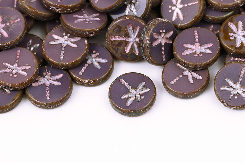 Dragonfly Coin 17mm Purple Travertin With Pink 1-Hole Czech Beads