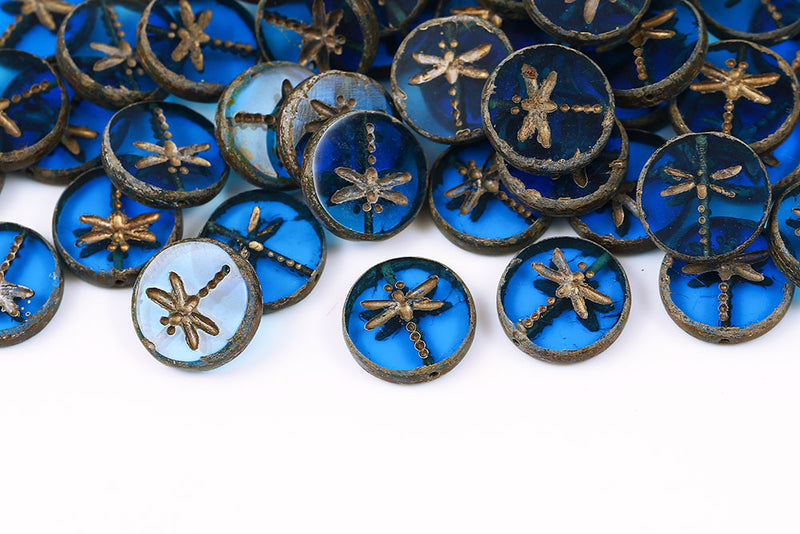 Dragonfly Coin 17mm Indicolite Travertin With Gold 1-Hole Czech Beads