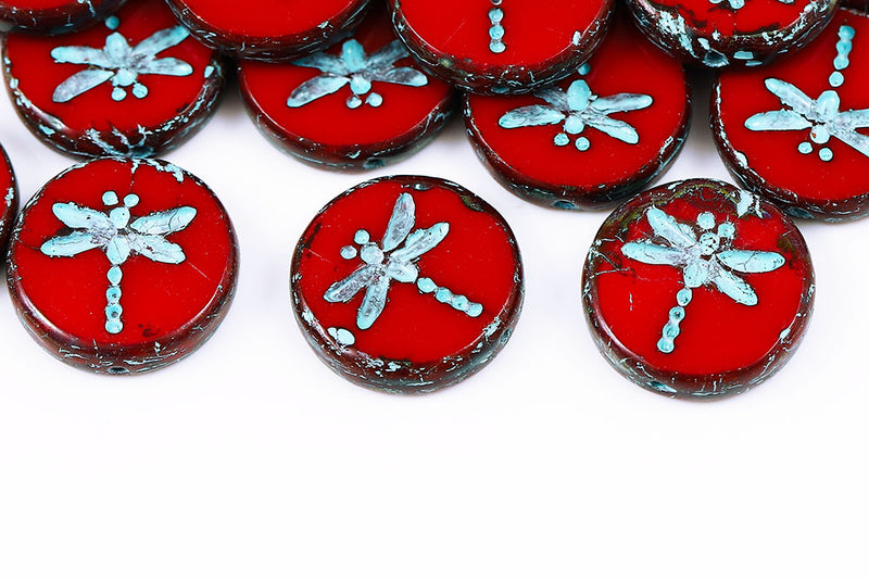 Dragonfly Coin 17mm Dark Red Travertin With Blue 1-Hole Czech Beads