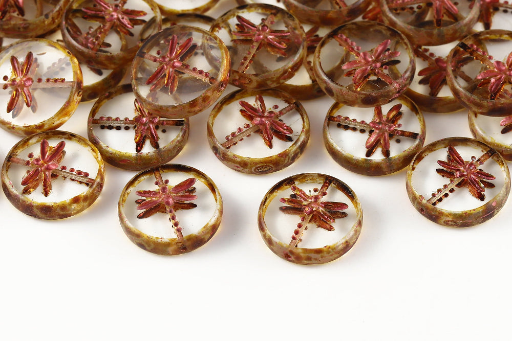 Dragonfly Coin 17mm Crystal Travertin With Metallic Red 1-Hole Czech Beads