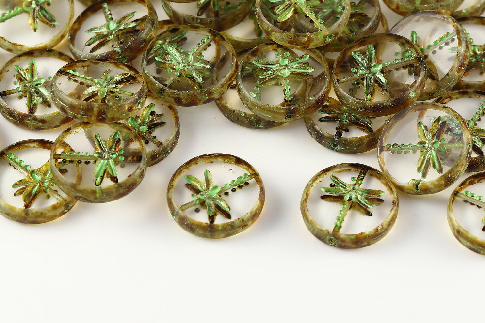 Dragonfly Coin 17mm Crystal Travertin With Green 1-Hole Czech Beads
