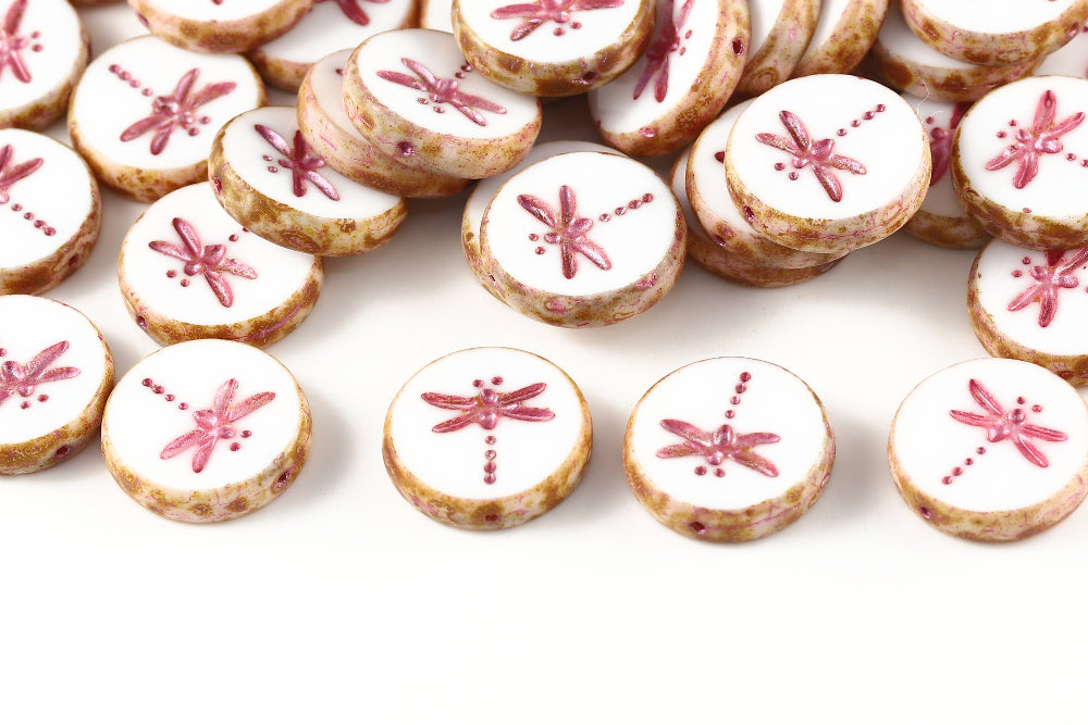 Dragonfly Coin 17mm Alabaster Travertin With Pink 1-Hole Czech Beads