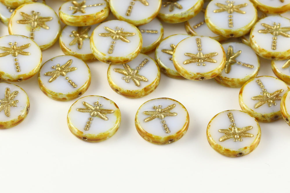 Dragonfly Coin 17mm Light Gray Travertin With Gold 1-Hole Czech Beads
