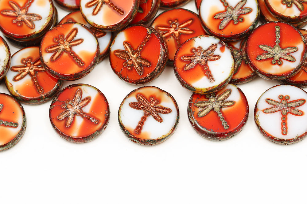 Dragonfly Coin 17mm White Red Mixed With Copper 1-Hole Czech Beads