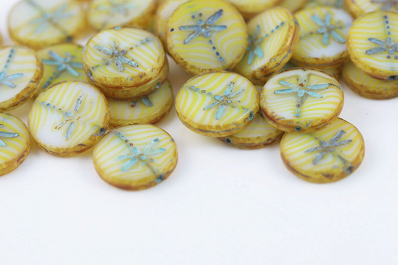 Dragonfly Coin 17mm Yellow stripes Travertin With Blue 1-Hole Czech Beads