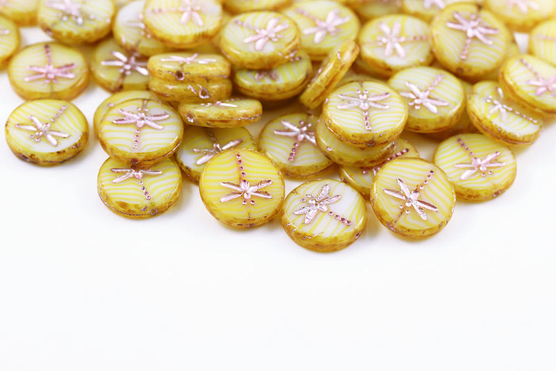 Dragonfly Coin 17mm Yellow stripes Travertin With Pink 1-Hole Czech Beads