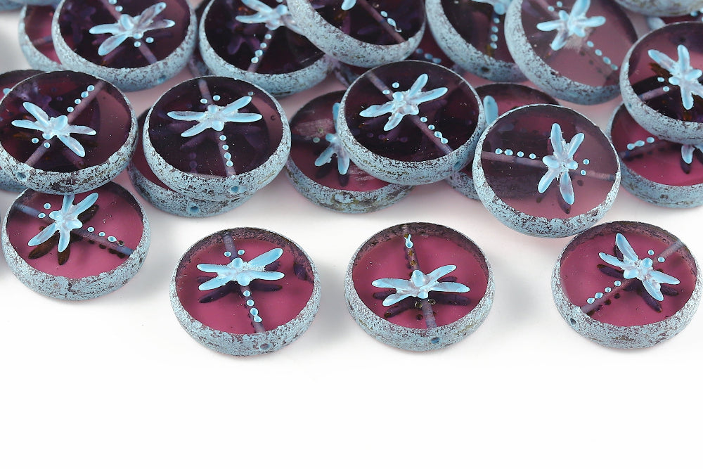 Dragonfly Coin 17mm Amethyst Travertin Dark With Blue 1-Hole Czech Beads