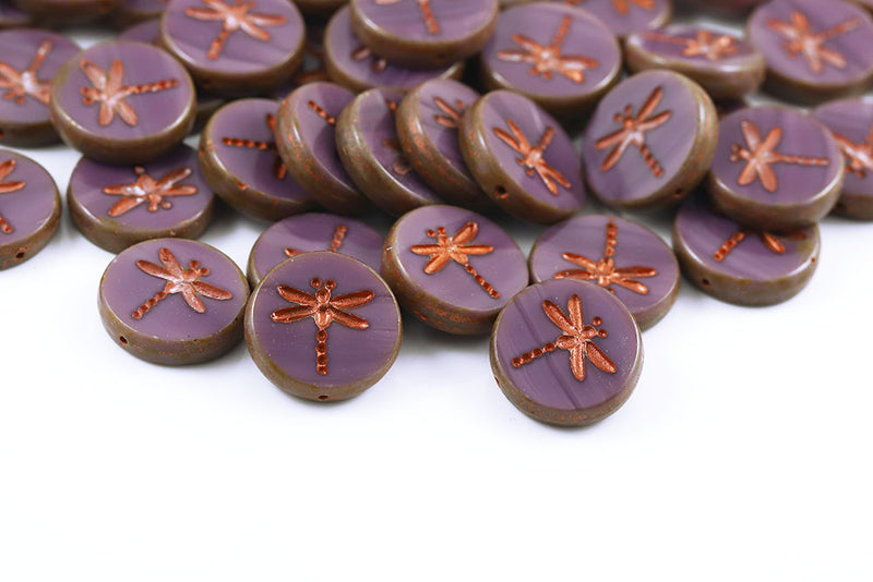 Dragonfly Coin 17mm Purple Travertin With Copper 1-Hole Czech Beads