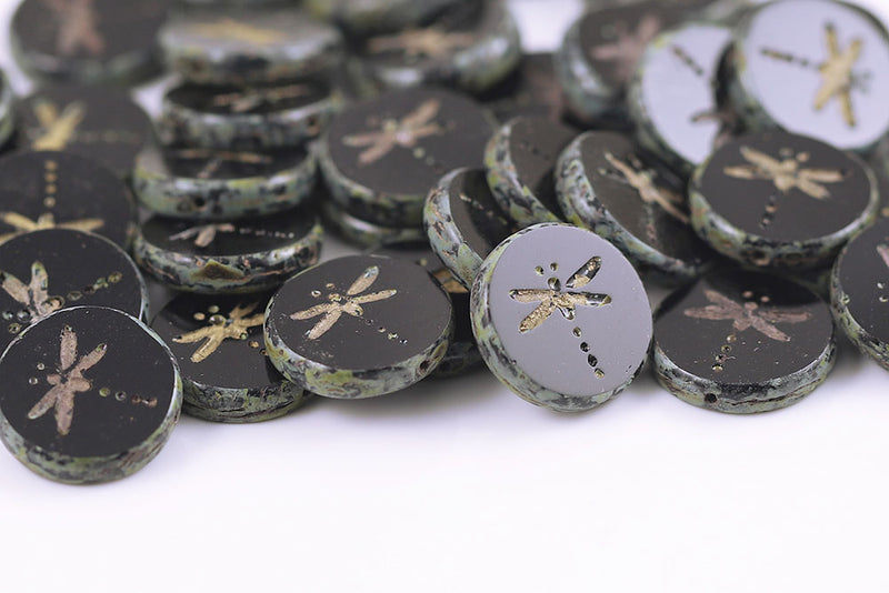 Dragonfly Coin 17mm Jet Travertin With Gold 1-Hole Czech Beads