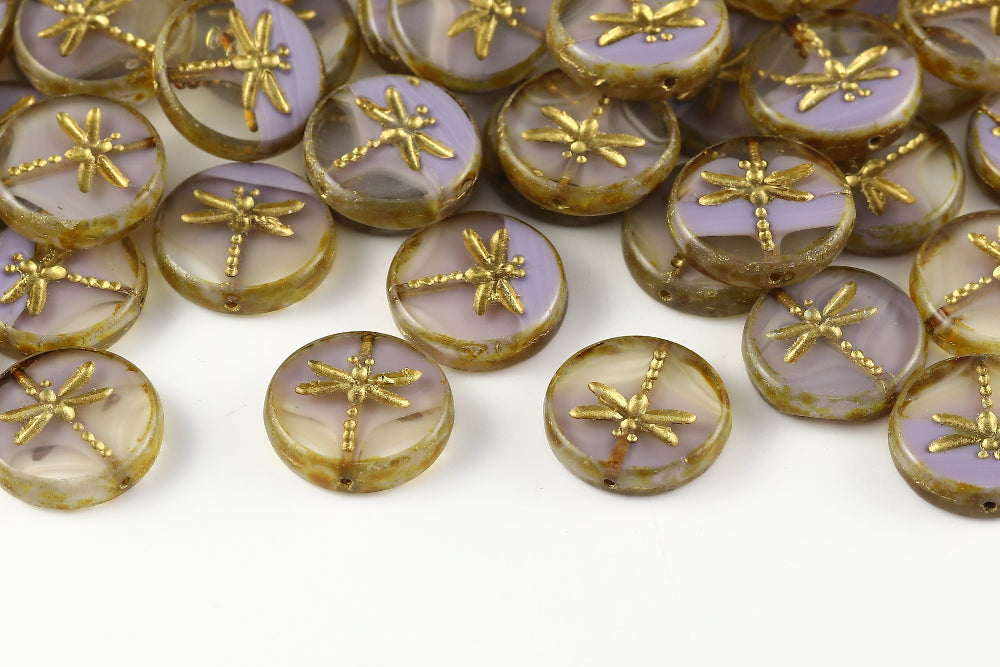 Dragonfly Coin 17mm Crystal&Purple Ripples Travertin With Gold 1-Hole Czech Beads