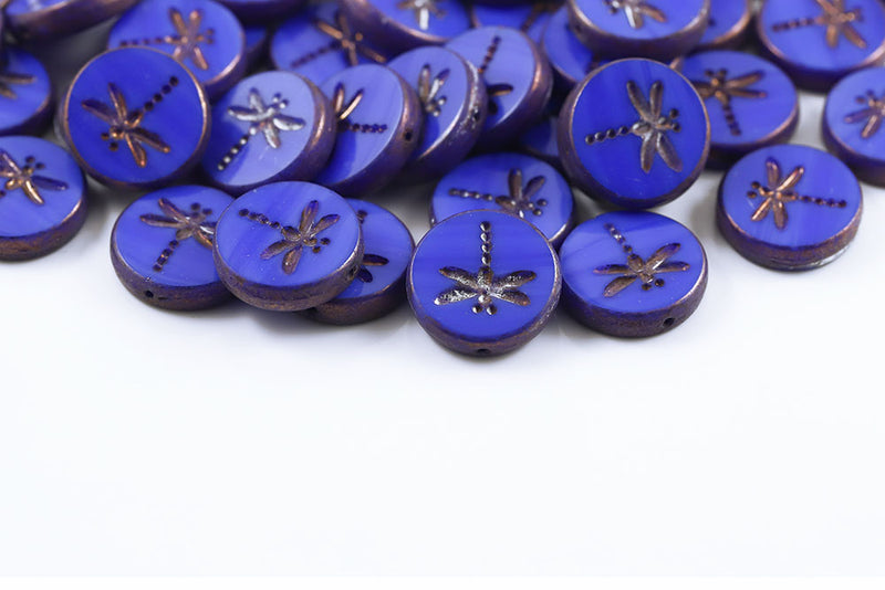 Dragonfly Coin 17mm Opaque Blue Violet Luster 1-Hole Czech Beads