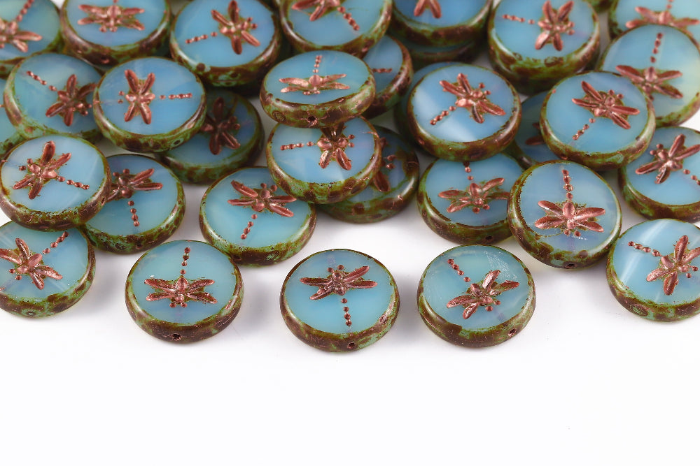 Dragonfly Coin 17mm Opal Aqua Travertin With Copper 1-Hole Czech Beads