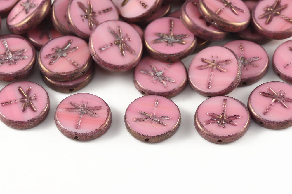 Dragonfly Coin 17mm Opaque Peach Violet Luster 1-Hole Czech Beads