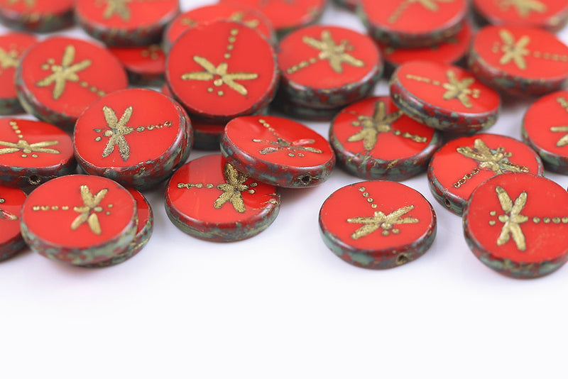 Dragonfly Coin 17mm Opaque Red Travertin With Gold 1-Hole Czech Beads