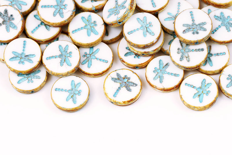 Dragonfly Coin 17mm Chalk Travertin With Blue 1-Hole Czech Beads