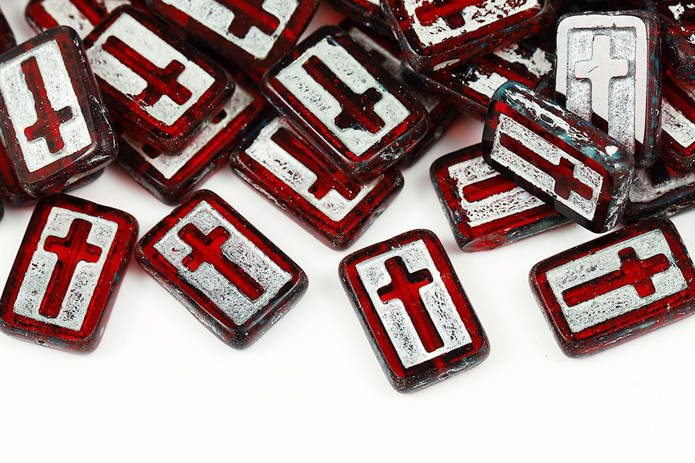 Cross 17×11mm Siam Travertine With Silver 1-Hole Czech Beads