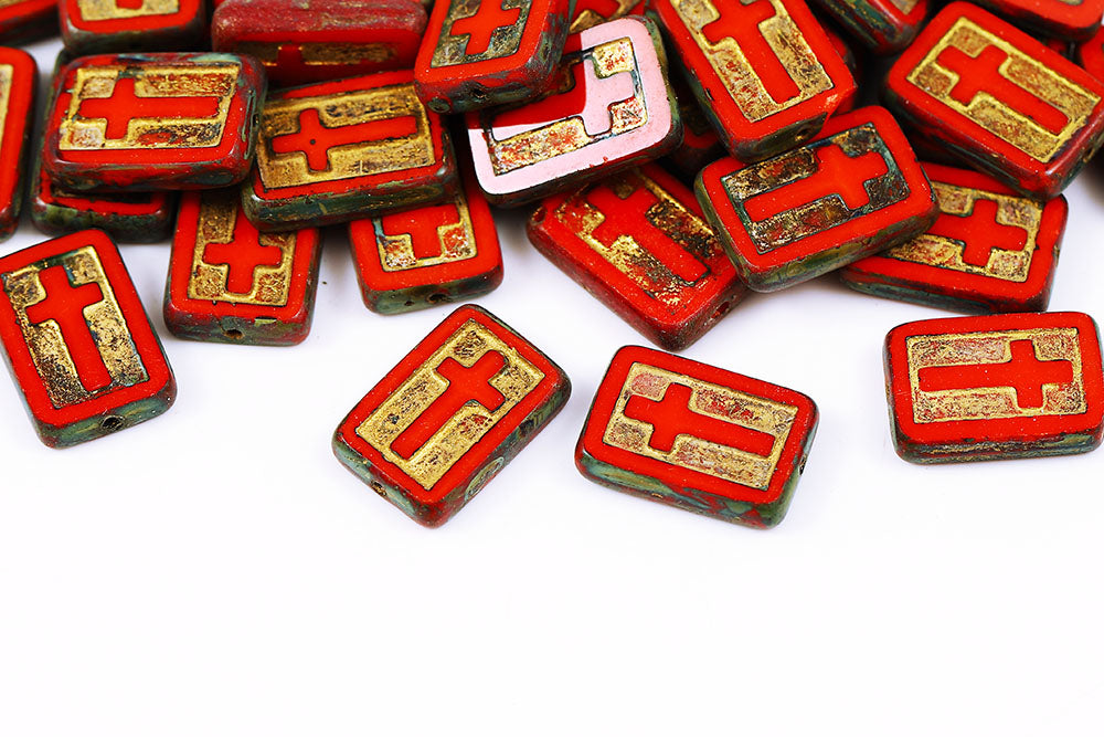 Cross 17×11mm Opaque Coral Red Travertin With Gold 1-Hole Czech Beads