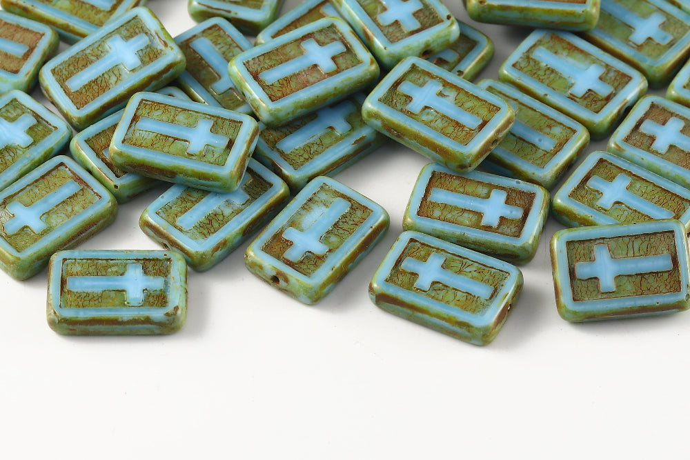 Cross 17×11mm Opaque Aquamarine Travertin 1-Hole Czech Beads