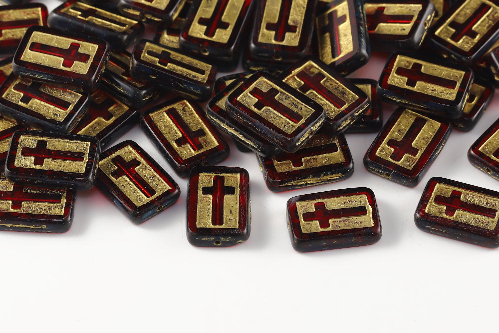 Cross 17×11mm Ruby Travertin With Gold 1-Hole Czech Beads