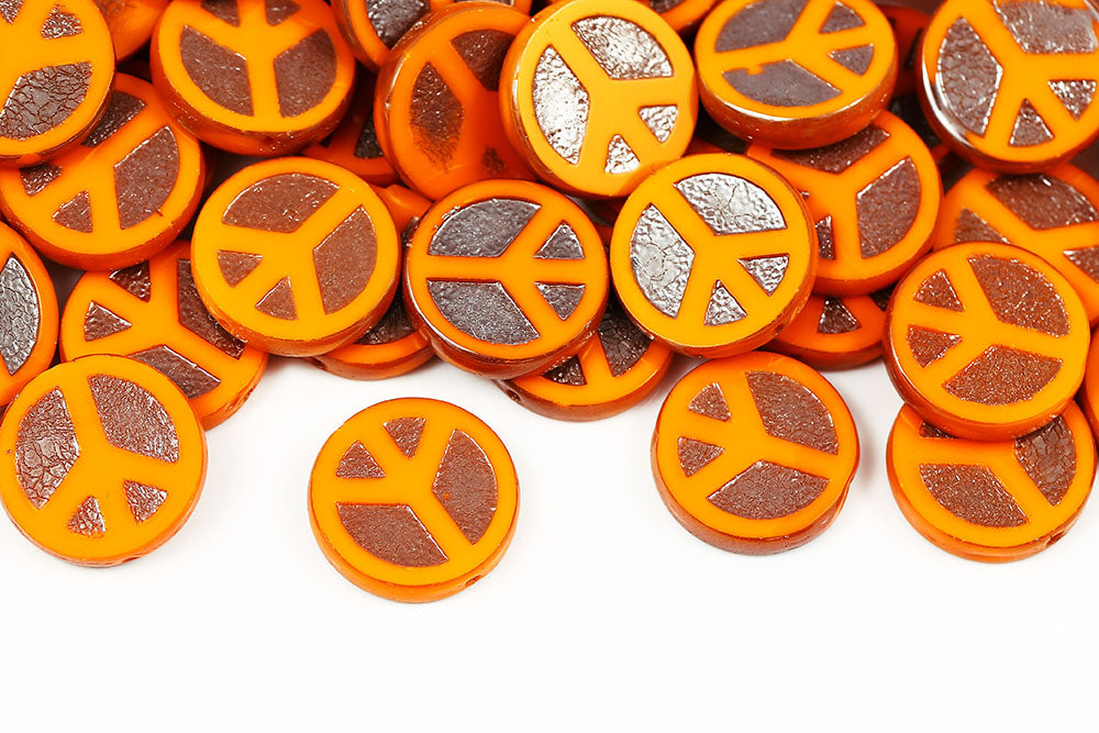 Peace Coins 16mm Opaque Orange Hematit 1-Hole Czech Beads