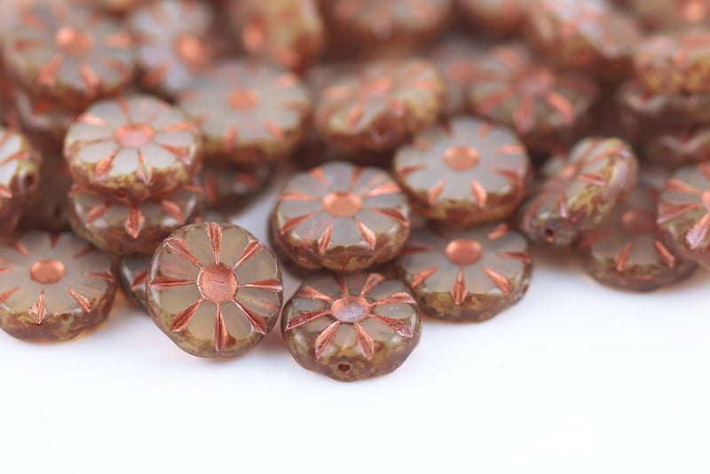 Sunflower 12mm Opal Ivory Travertin With Copper 1-Hole Czech Beads