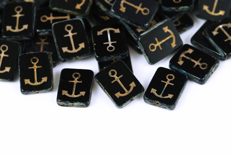 Anchor Design 18×12mm Jet Travertin With Gold 1-Hole Czech Beads