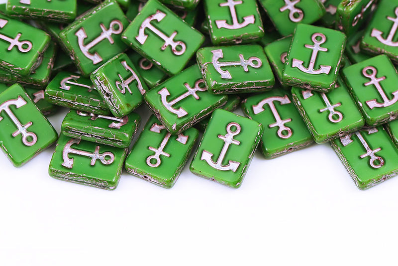 Anchor Design 18×12mm Silk Green Travertin With Pink 1-Hole Czech Beads