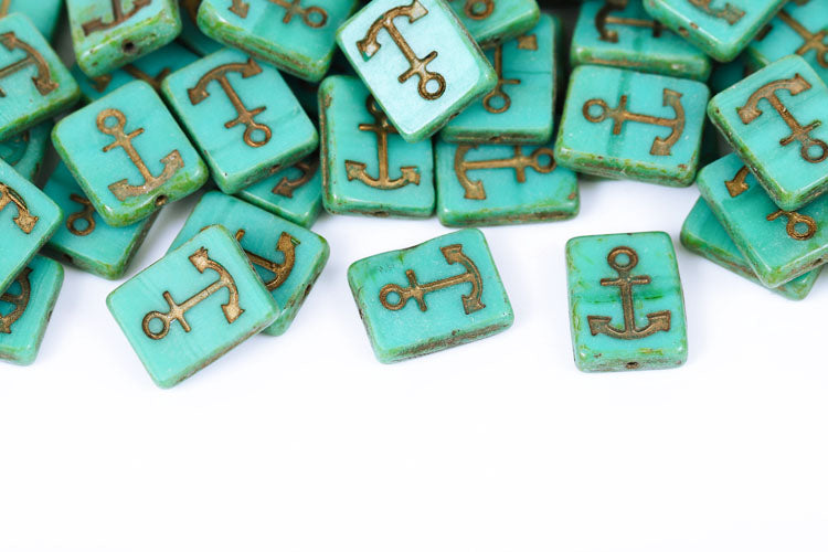 Anchor Design 18×12mm Turquoise Green Travertin With Gold 1-Hole Czech Beads