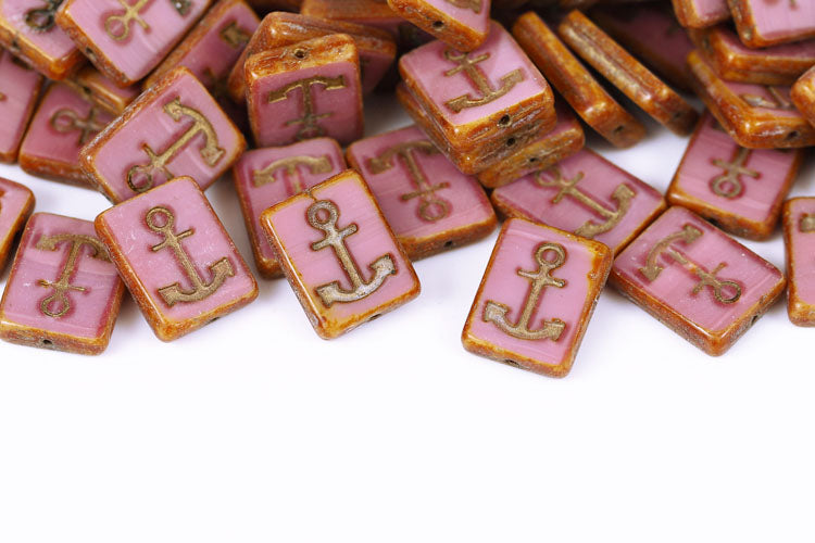 Anchor Design 18×12mm Silk Peach Travertin With Gold 1-Hole Czech Beads