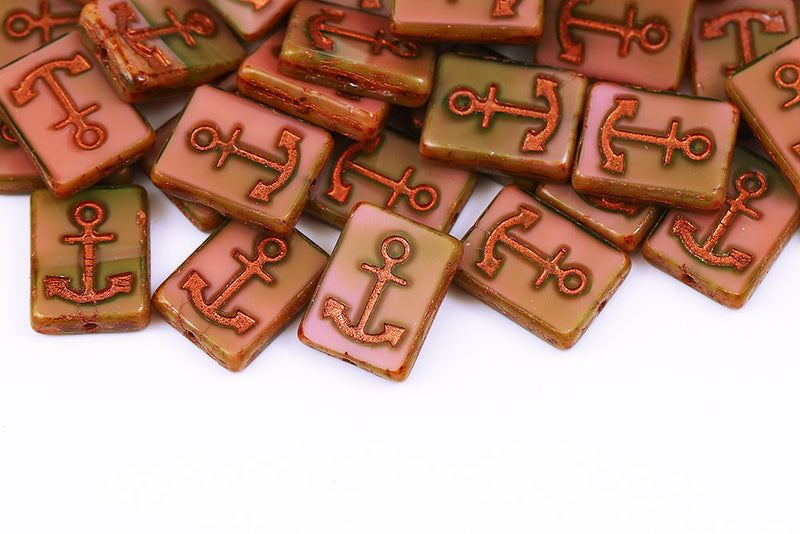 Anchor Design 18×12mm Opaque Pink Green Mixed Travertin 1-Hole Czech Beads