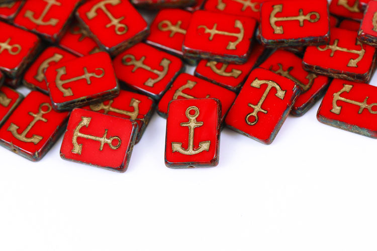 Anchor Design 18×12mm Opaque Coral Red Travertin With Gold 1-Hole Czech Beads