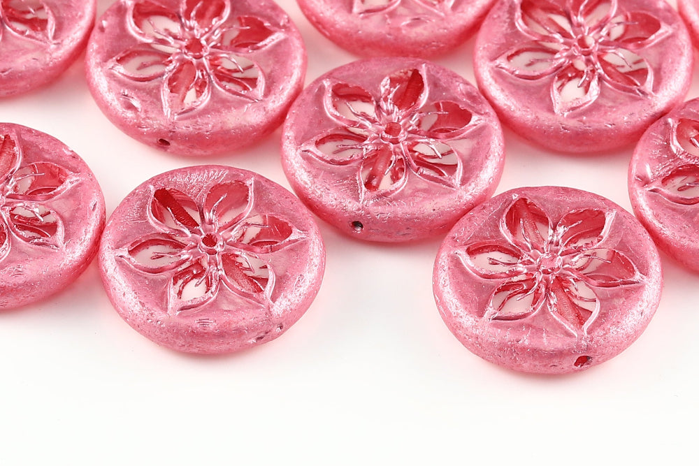 Plumeria 18mm Crystal Metallic Pink 1-Hole Czech Beads
