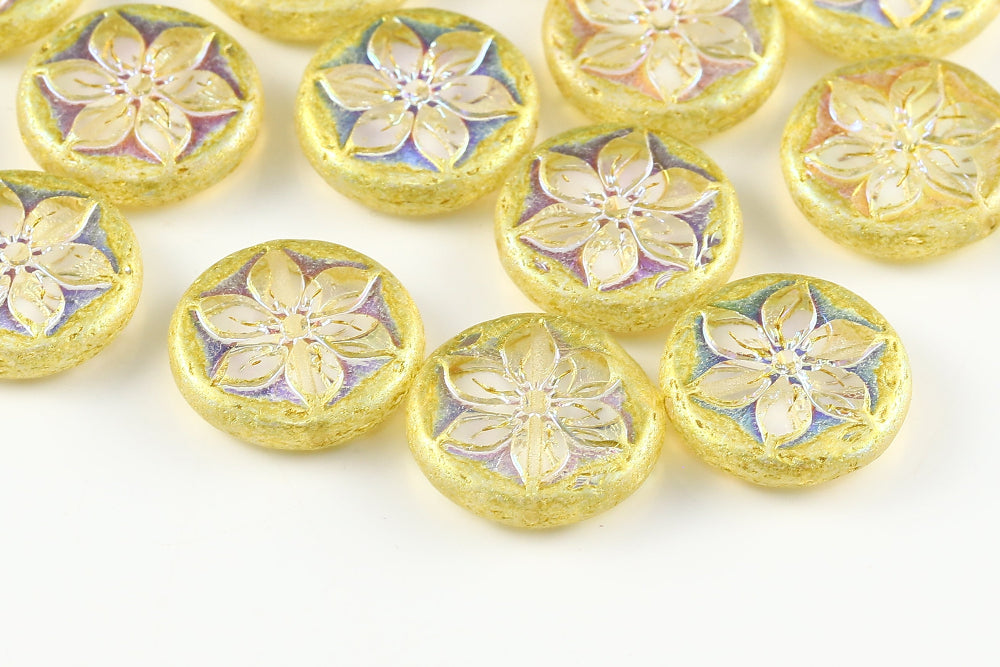 Plumeria 18mm Crystal AB Full Gold 1-Hole Czech Beads