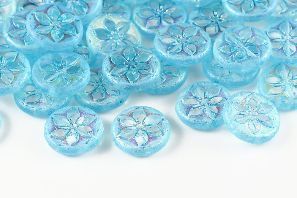 Plumeria 18mm Crystal AB Full Aqua 1-Hole Czech Beads