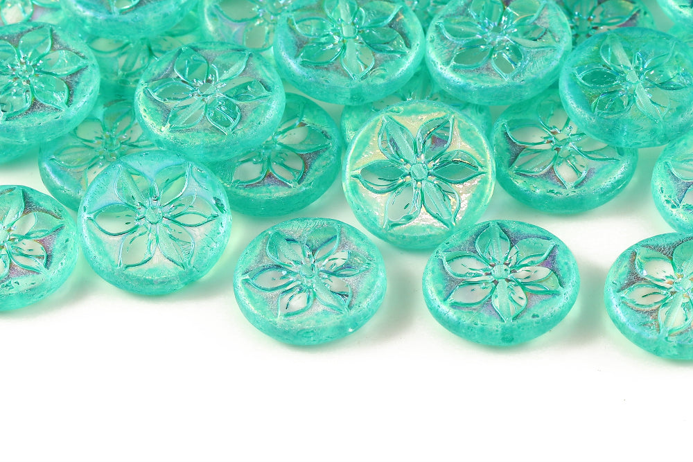 Plumeria 18mm Crystal AB Full Caribbean Sea 1-Hole Czech Beads