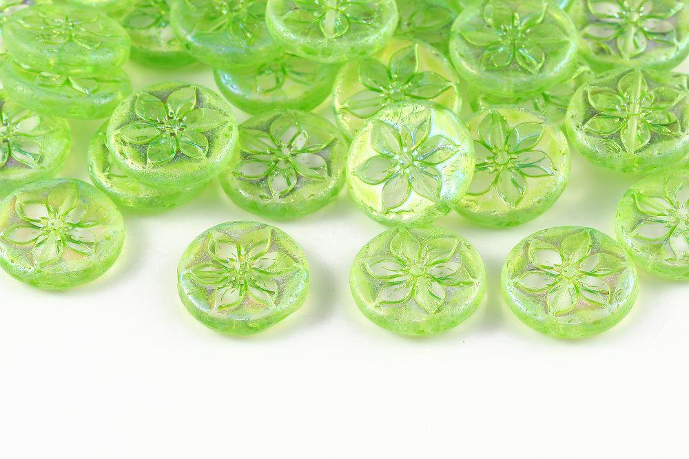 Plumeria 18mm Crystal AB Full Moss Green 1-Hole Czech Beads
