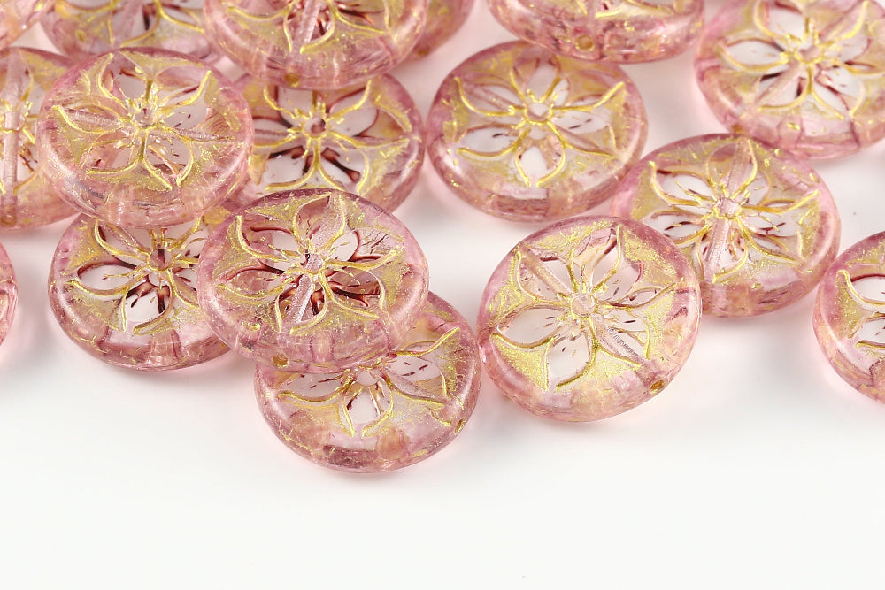 Plumeria 18mm Crystal Rose Peach With Gold 1-Hole Czech Beads
