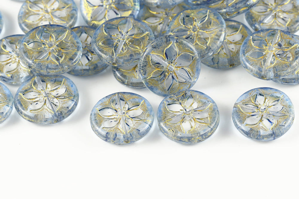 Plumeria 18mm Crystal Sapphire With Gold 1-Hole Czech Beads