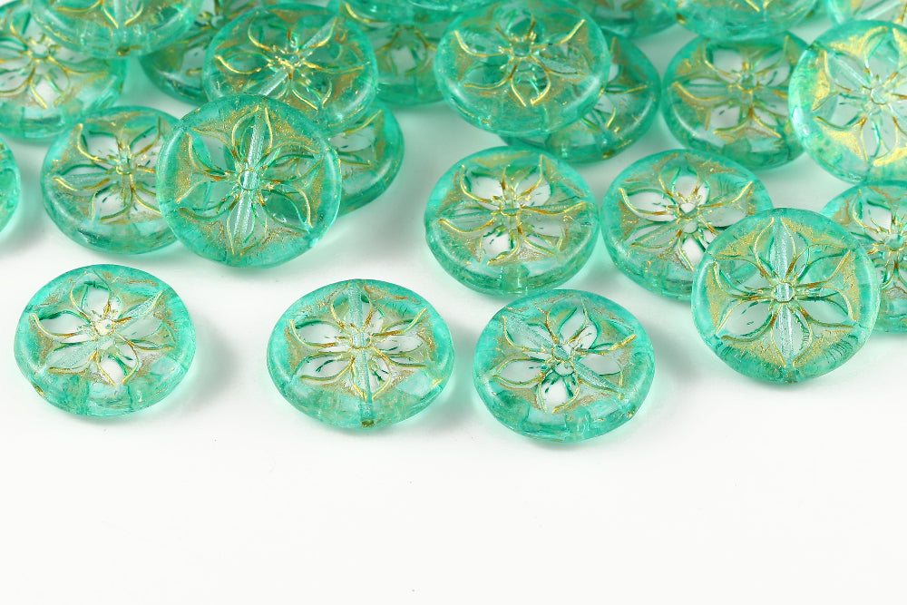 Plumeria 18mm Crystal Caribbean Sea With Gold 1-Hole Czech Beads