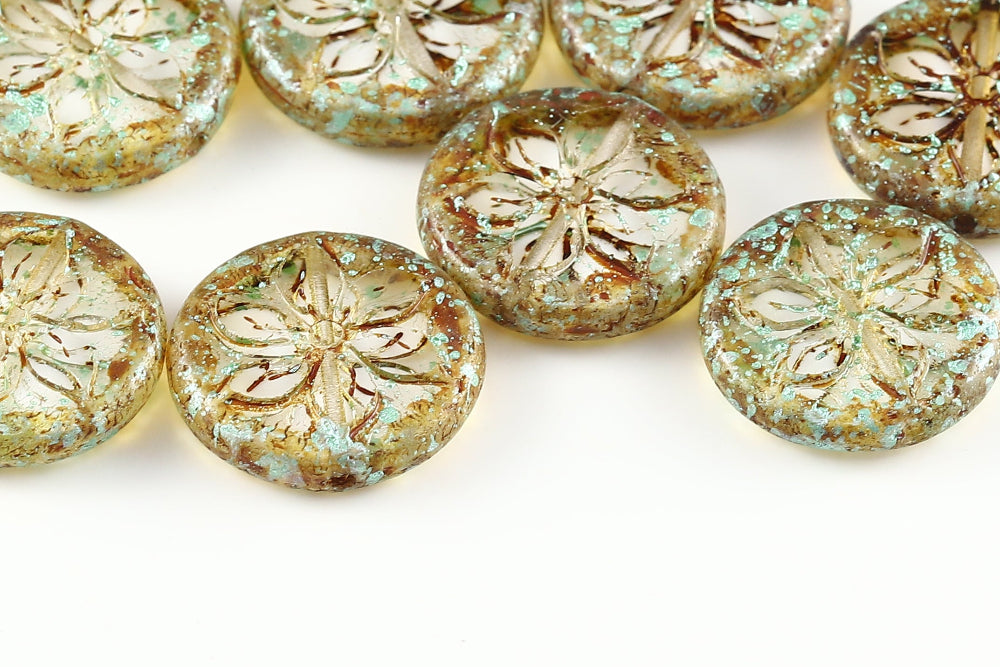 Plumeria 18mm Crystal Travertin Spray blue 1-Hole Czech Beads