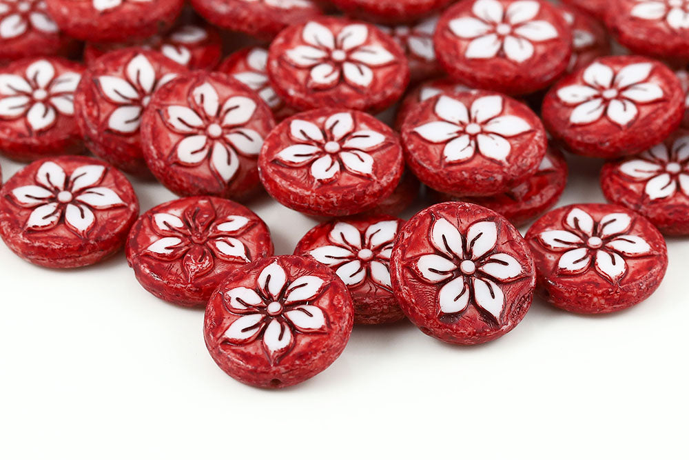 Plumeria 18mm Chalk Red Finish 1-Hole Czech Beads