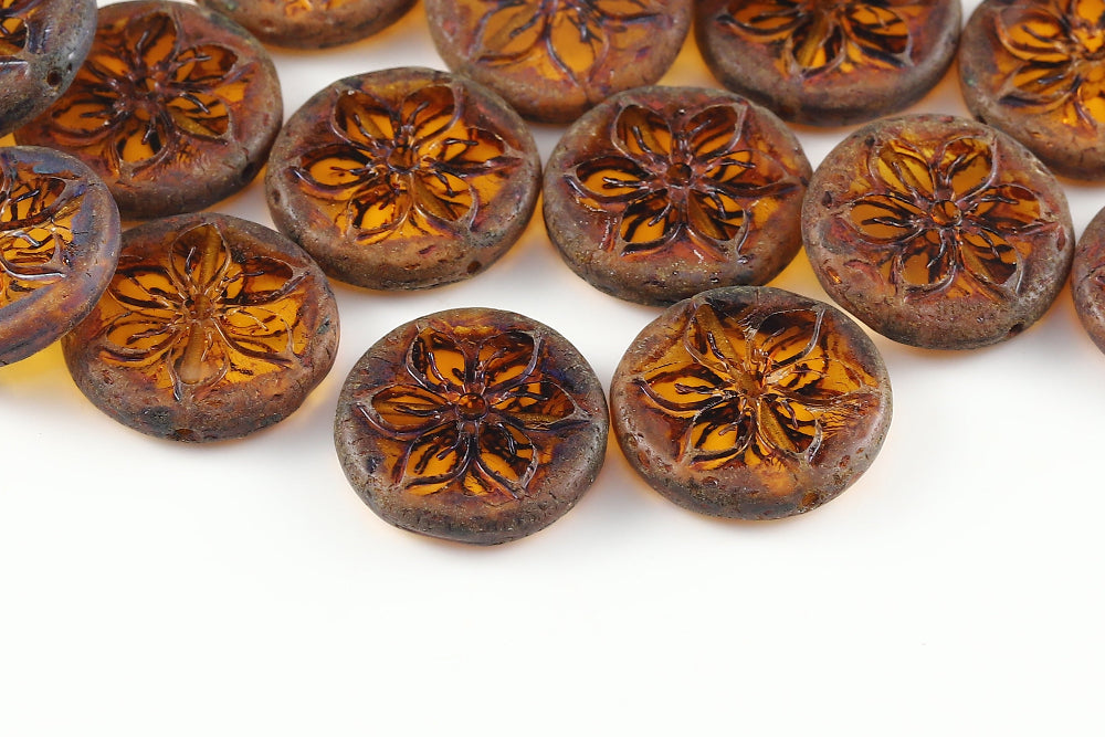 Plumeria 18mm Topaz Travertin 1-Hole Czech Beads
