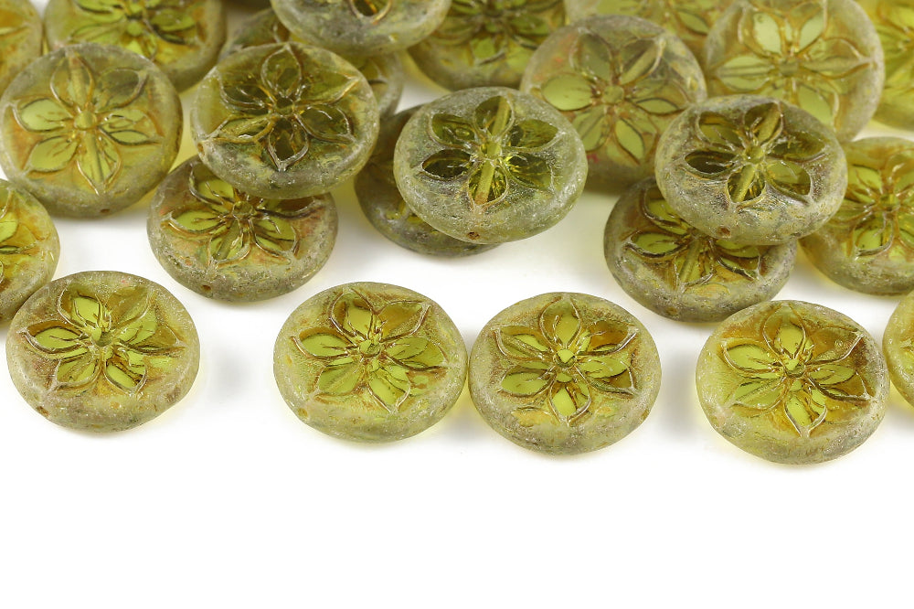 Plumeria 18mm Crystal Peridot Travertin 1-Hole Czech Beads