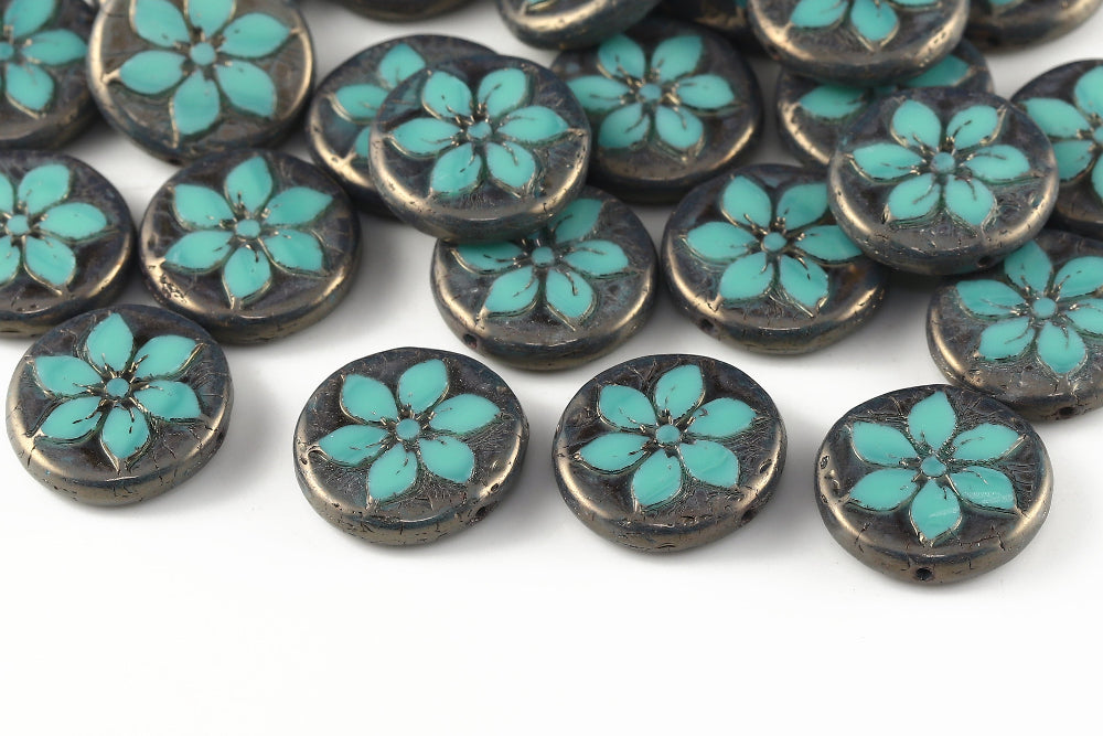 Plumeria 18mm Turquoise Violet Luster 1-Hole Czech Beads