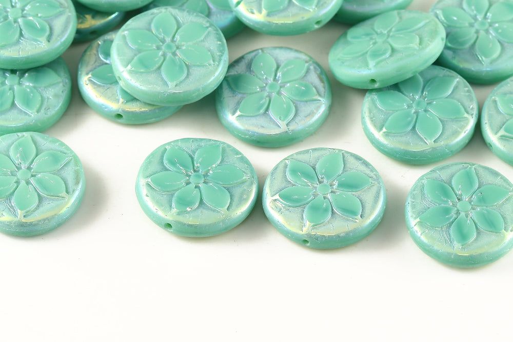 Plumeria 18mm Turquoise AB Full 1-Hole Czech Beads