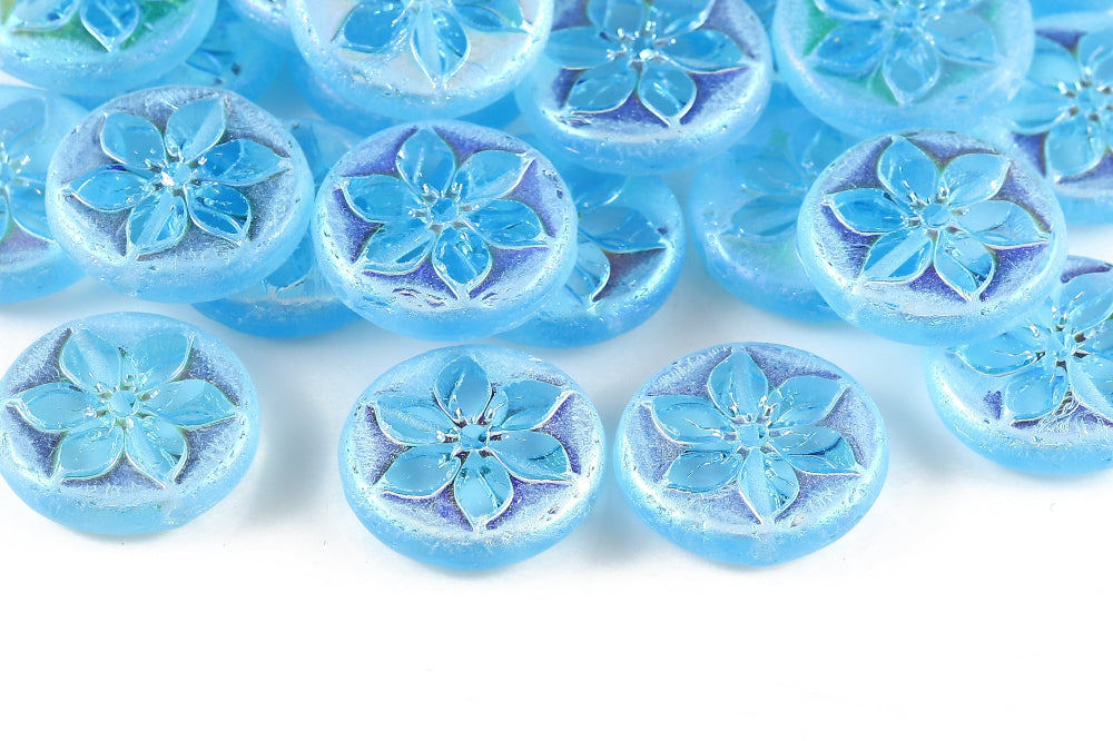 Plumeria 18mm Aqua Bohemica AB Full 1-Hole Czech Beads