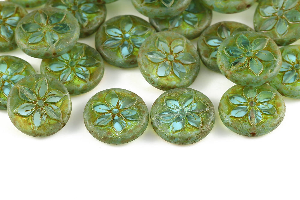 Plumeria 18mm Aqua Bohemica Travertin 1-Hole Czech Beads